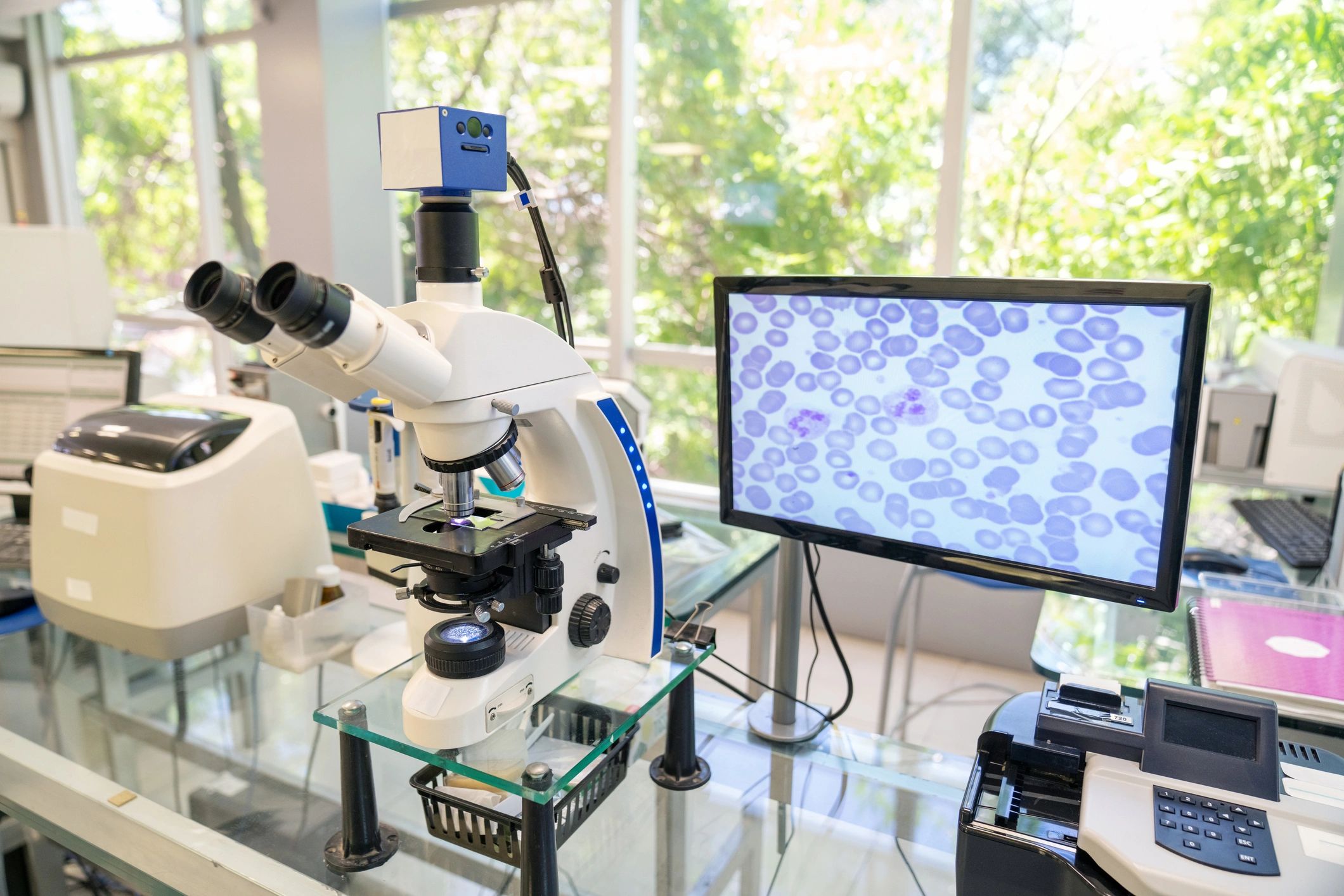 Microscope and digital imaging system in a research laboratory