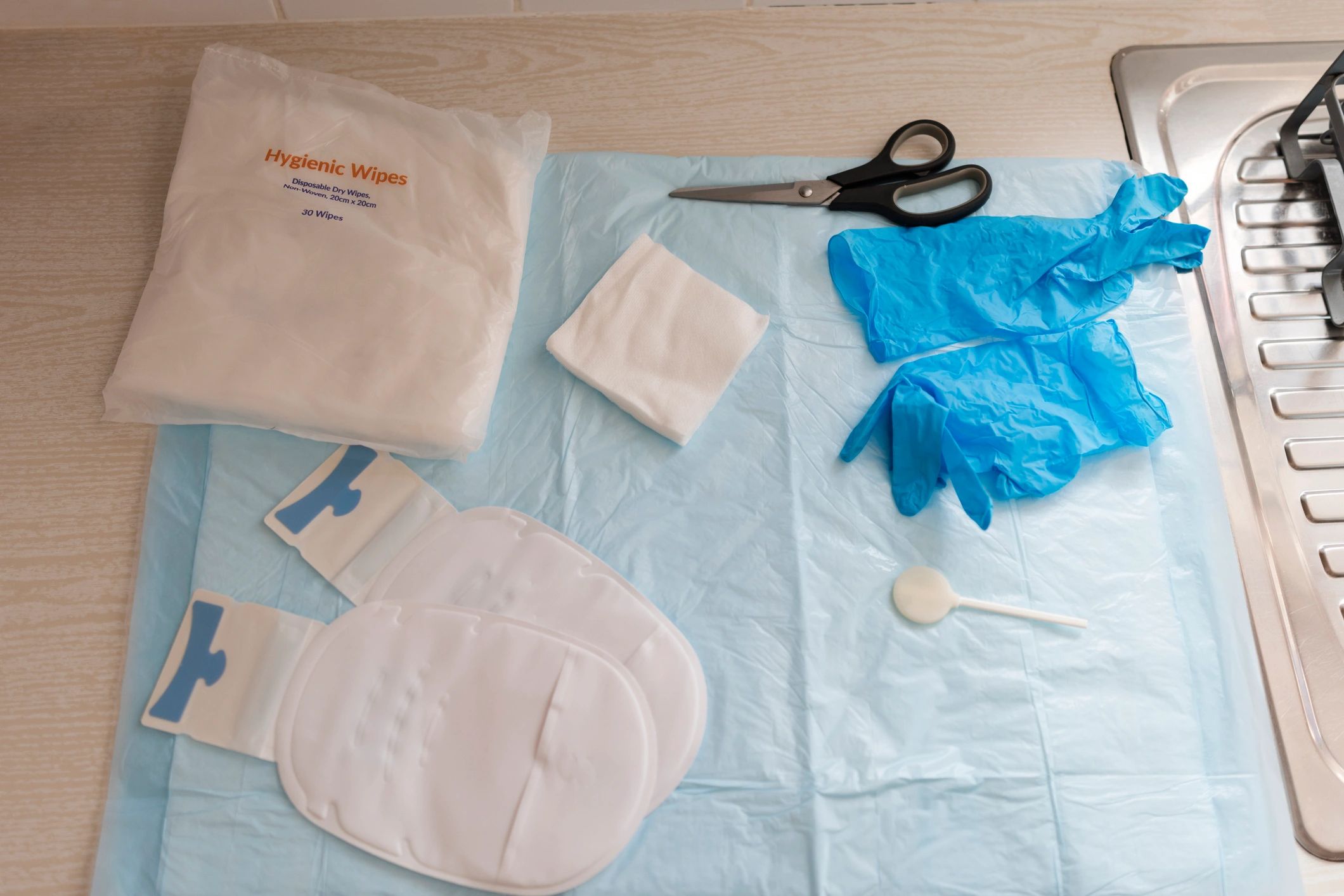 Sterile medical supplies arranged on a surface