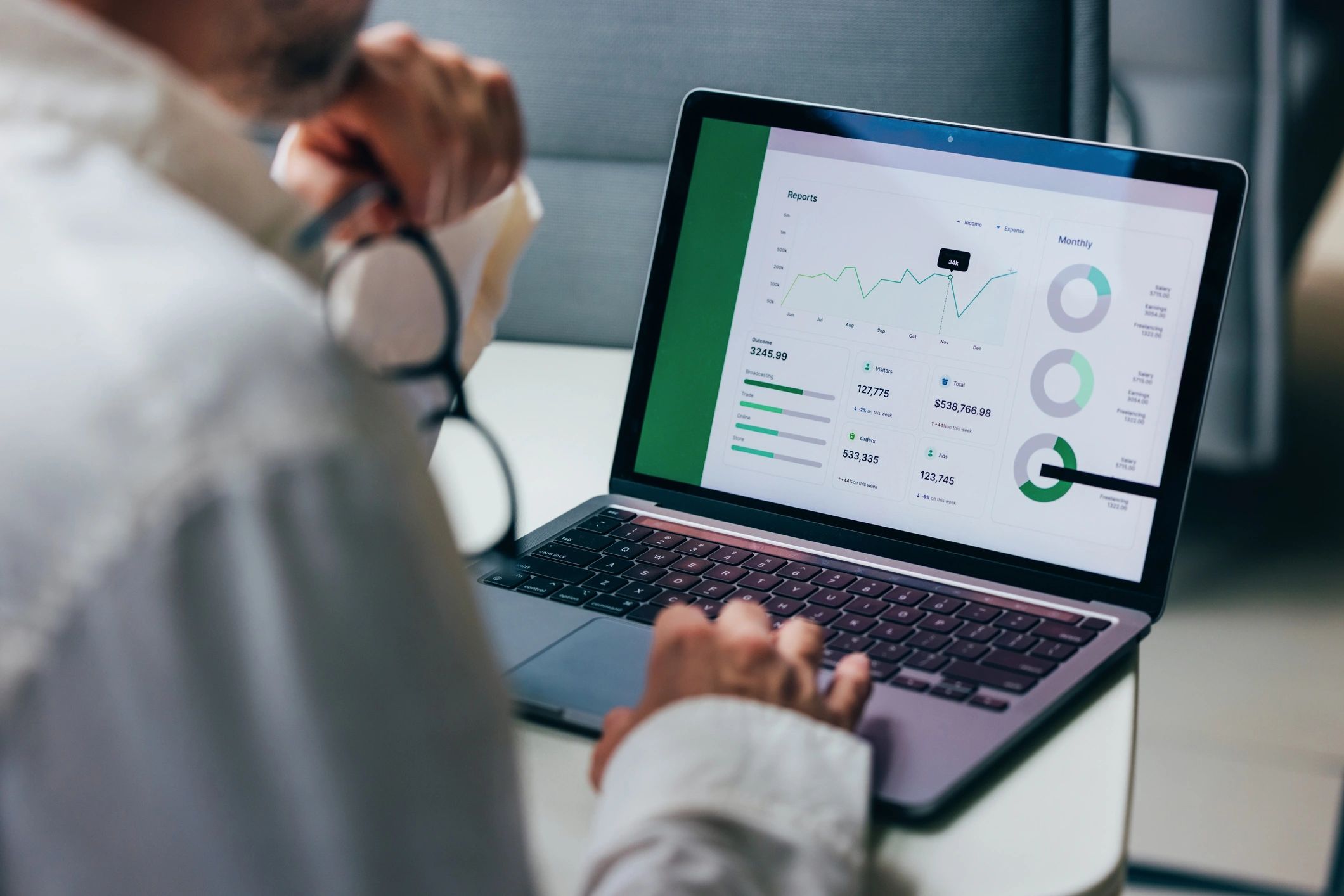 Research charts and reports on a laptop screen